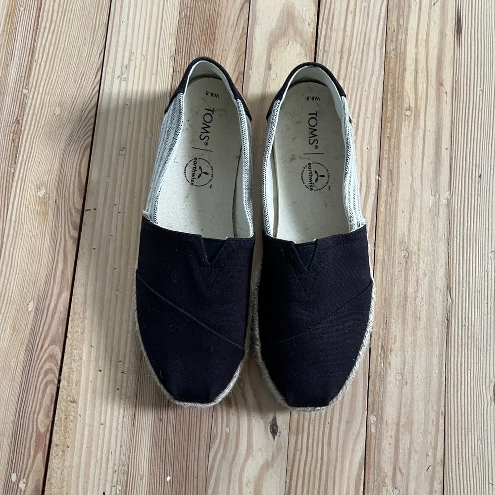 Toms Earthwise Alpargata Espadrille Black Striped Canvas Slip On Flats Women 8.5